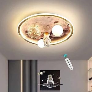 Kinderkamerlamp LED dimbare plafondlamp met afstandsbediening, modern design maan astronaut plafondlamp kinderen meisjes jongens slaapkamer decoratieve plafond lamp, tienerkamer plafondverlichting, Ø 50 cm 64 W