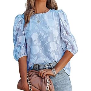 Dames Blouse Elegant, Dames Blouse Zomer Zoete Bloemen Jacquard Ronde Hals Chiffon Blouses Tops Elegante Pofmouwen Tuniek Tops Effen Losse Mode Werkblouses T-Shirts Voor Dames Meisjes,Light Blue,Xl