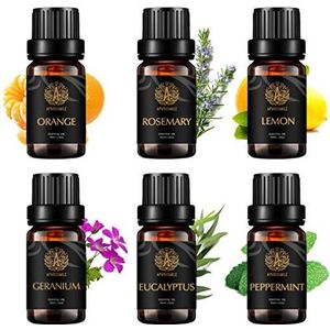 Aromatherapie Citroen Essentiële Olie Set voor Diffuser, Oranje Essentiële Oliën Kit, 6X10ml Therapeutische Kwaliteit Reiniging Essentiële Oliën Set-Citroen, Rozemarijn, Oranje, Pepermunt, Geranium, Eucalyptusolie