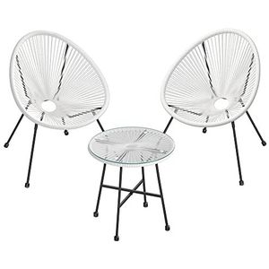 SONGMICS Balkonmeubilair, tuinmeubelset, set van 3, zitgroep, terrasmeubilair, glazen tafelblad, 2 stoelen, voor binnen en buiten, voor patio, tuin, balkon, buiten, wit GGF013W02