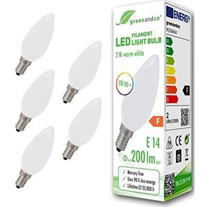5 stuks greenandco® CRI90+ LED lamp vervangt 20 Watt E14 kaars mat, 2W 200 Lumen 2700K warm wit 360° 230V AC glas, niet dimbaar, flikkervrij
