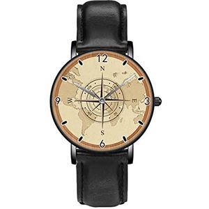 Vintage Nautische Kompas Oude Kaart Wereld Horloges Persoonlijkheid Business Casual Horloges Mannen Vrouwen Quartz Analoge Horloges, Zwart