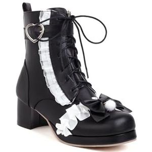 Zoete Korte Laarzen Met Strik + Ruches Student Cosplay Lolita Enkellaarsjes Elegante Veter Enkellaarsjes Met Gesp Dames Herfst Winter Enkelschoenen for Buiten, Feest (Color : Black, Size : 43 EU)