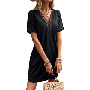 jurken voor dames T-shirtjurk met contrasterende kanten hals (Color : Noir, Size : XL)