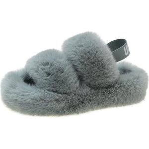 Dames Fluffy Faux Fur Pantoffels, Met Elastische Band Pantoffels, Rubberen Zool, Gezellige Warme Binnen- En Buiten Fuzzy Pantoffels, Volwassenen Dames Fluffy Antislip Pantoffels(Blue,Womens5.5/men4.5)