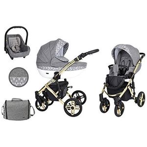 KUNERT Kinderwagen MILA PREMIUM CLASSIC sportwagen babywagen autostoel babyzitje complete set kinderwagen set 3 in 1 (grijze kubus, framekleur: goud, 3-in-1)