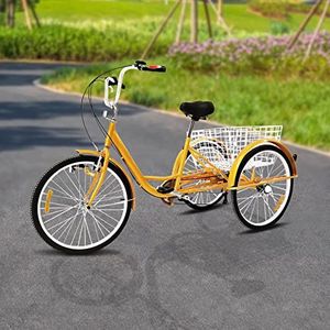 Tricycle 24 In tricycle 6 speed tricycle met mand, instelbare 3 wielen, senior, driewieler voor volwassenen, stadsfietsen met spatbord, maximale belasting 120 kg, slijpwiellicht (geel)