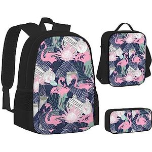 TOMPPY Roze Flamingo en bladeren bedrukte boeken tas met lunchtas en etui voor elementair, 3 stuks rugzak sets, Zwart, Eén maat, Schooltas Set