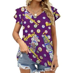 Bingo Stippen Paars Grafische Blouse Top Voor Vrouwen V-hals Tuniek Top Korte Mouw Volant T-shirt Grappig