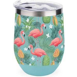 Flamingo Tropische Bloemen 12oz Wijn Tumbler Met Deksel Roestvrij Staal Cup Dubbelwandige Vacuüm Geïsoleerde Koffie Mok