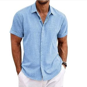 Heren effen kleur casual shirt met korte mouwen, zomerknoop Henley T-shirt Top Casual revers comfortabel linnen regular fit overhemd, Blauw, M