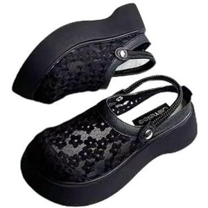 Zomersandalen met kleine neus en dikke zolen for dames 2024 casual holle, ademende mesh halve pantoffels for twee personen(Black,40 EU)