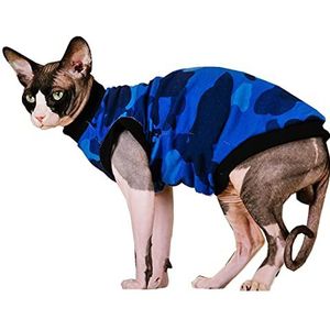 Sphynx haarloze kat zomer katoenen T-shirts kat vest huisdier kleding, ronde kraag vest kitten shirts mouwloos, katten en kleine honden kleding (XXL, blauw camo)