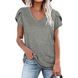 PRJN T-shirt met korte mouwen voor dames, V-hals, zomert-shirts, basic voor dames, losse T-shirt, effen, V-hals, casual, T-shirt, C-grijs, XXL