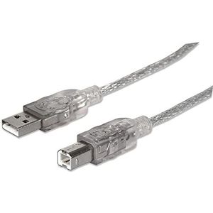 Manhattan USB-A naar USB-B-kabel, 1,8 m, mannelijk naar mannelijk, doorschijnend zilver, 480 Mbps (USB 2.0), Hi-Speed USB, levenslange garantie, polybag
