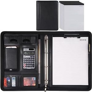 Portfolio, Portfolio Organiser, PU lederen map portfolio met rits 4-rings map notitieboek zakelijke documenten organizer map met telefoonhouder for A4 notitieblokken(Schwarz,12 Bit+5*note pad)