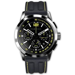Panzera Time Master 45 Chrono Quartz Staal Zwart Geel Siliconen Saffier Horloge Heren, Zwart, riem