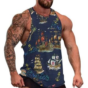 Piraat Adventures, oude zeilboten, anker heren tanktop grafische mouwloze bodybuilding T-shirts casual strand T-shirt grappige sportschool spier
