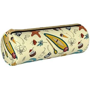 Strand Vakantie Cartoon Patroon, Potlood Pouch Cilindrische Pen Case Draagbare Lederen Potlood Tas met Rits Cosmetische Pouch Bag, zoals afgebeeld, Eén maat, Tas Organizer