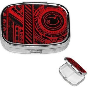 Pillendoosje met spiegel, retro pillendoosje met 2 compartimenten, zwart en rood, tribaal patroon, kleine pillenorganizer voor portemonnee of zak, decoratieve metalen medicijnen, vitamine-organizer