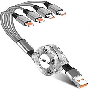 SDBAUX Multi USB Kabel, [3A/1M] Universele 4 in 1 Intrekbare Oplaadkabel met 2 iP/Micro USB/Type C Connectoren, voor iOS-Telefoon, Android Galaxy, LG, Sony, Moto, Xiaomi, OnePlus, Honor View, PS4