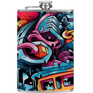 1 Stks Heupfles voor Drank 8 Oz, Roestvrij Staal Lekvrije Klassieke Drinkflessen, Kleurrijke Graffiti Art Monster Patroon