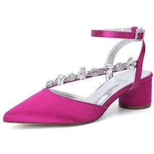 Womens Mid Block Heel Trouwschoenen voor Bruid Satijnen Enkelbandje Puntige Neus Jurk Avondfeest Slingback Hof Schoenen,Fuchsia,36 EU