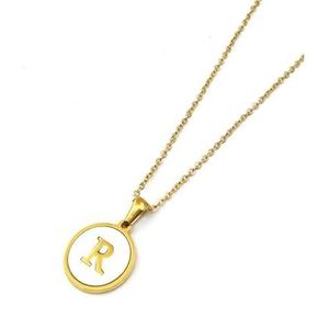 Dames ronde 18K gouden schelp roestvrijstalen alfabet ketting titanium staal 26 Engelse alfabet hanger sieraden (Style : R)