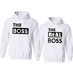 King Queen Hoodie Set King Queen Pullover voor Twee Koppel Trui The Boss The Real Boss Capuchontrui Partnerlook Paar Hoodie Lange Mouw Zwart Wit Grijs 1 Stuk(Men-Wit,XL)