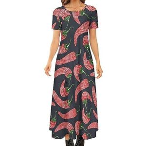 Rode Chili Patroon Vrouwen Zomer Casual Korte Mouw Maxi Jurk Ronde Hals Gedrukt Lange Jurken 7XL