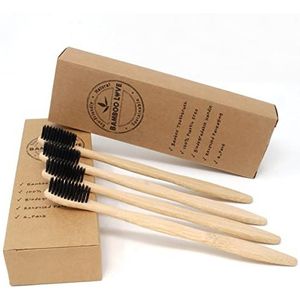 Bamboe Tandenborstel Medium Zachte Zwarte Varkenshaar Pack van 4 Volledig Recyclebare/Biologisch Afbreekbare Tandenborstels