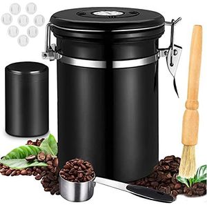 JOYBOY Luchtdichte koffiebus,1.8L Koffie verzegelde pot+lepel+kleine theepot+5 ventielen,koffieboon opslag Koffiebus Luchtdicht,vacuümcontainer voor koffiebonen thee noten cacao-Zwart