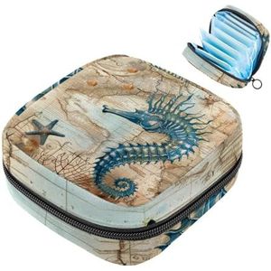 MUOOUM Blauw Zeepaardje en Kaart Maandverband Opbergtas Menstruatie Pad Tas Draagbare Menstruatie Cup Pouch met Rits voor Tiener Meisjes Vrouwen Dames