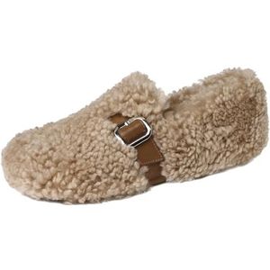 Vrupons Dames winter warme wollen loafer met ronde teen - lamswol platte schoenen, abrikoos, 36 EU