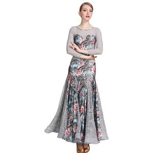 Gedrukte Ballroom Dance Kostuum Mesh Splice National Standard Morden Jurken Elegant Cha Cha Performance Dancewear Lace Waltz Oefenjurk,Grijs,S