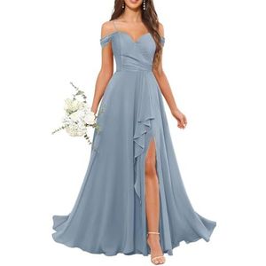 Chiffon bruidsmeisjesjurken voor dames, met split, lange baljurken, cocktailjurken, grote maten, Dusty Blauw, 32