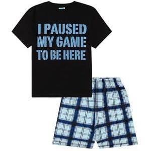 Boys I Paused My Game to Be Here Gaming Grijs Zwart Geruit Korte Pyjama Set, Zwart, 11-12 jaar