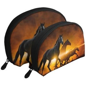 Make-uptas, reizen cosmetische tas 2 stuks draagbare clutch zakje set zakje organizer zwarte paarden rode gloeiende wolken afdrukken, zoals afgebeeld, Eén maat