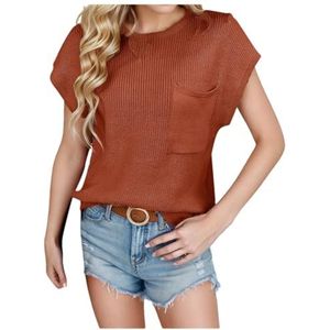 Tdvcpmkk Dames O-hals cap mouw T-shirt zomer losse basic zak rib gebreid T-shirt top, Koffie, M