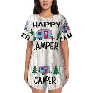 RIVETECH Happy Camper Print Vrouwen Korte Mouwen Pyjama Set Pyjama Lounge Set Met Zakken, Zwart, XL