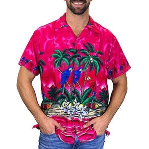 V.H.O. Funky Hawaii hemd voor heren, korte mouwen, borstzak, Hawaii-print met papegaai strand, bloemen, palmen., Parrot Pink, M