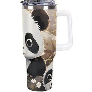RTFGHJS 40 oz Tumbler Leuke Panda Dier Geïsoleerde Tumbler Reizen Koffiemok met Rietjesdeksel Roestvrijstalen Waterfles Vacuüm Geïsoleerde Tumbler voor Sport Werk Auto Reizen Weekends