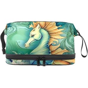 Dubbele Laag Cosmetische Tas Zeepaardjes Groen Patroon Draagbare Make-up Tas Reizen Organizer Pouch voor Vrouwen Meisjes Toiletartikelen Tassen, multi 1, 27x15x14 cm/10.6x5.9x5.5 in, Make-up zakje