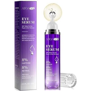 Oogserum voor donkere kringen en wallen met 8% cafeïne 8% retinol hyaluronniacinamide, anti-aging voor wallen en wallen, met 360° oogroller massagebal voor vrouwen en mannen