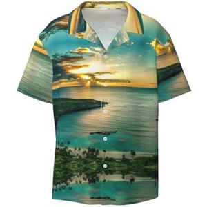 TyEdee Sunrise Over Hanauma Bay Oahu Hawaii Print Heren Korte Mouw Jurk Shirts met Zak Casual Button Down Shirts Business Shirt, Zwart, L