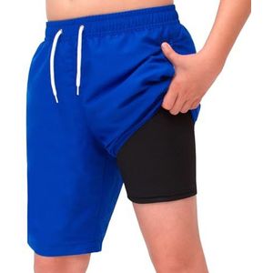 MEILONGER Zwembroek voor jongens, 2-in-1 zwemshorts voor kinderen, sneldrogend, boardshorts, badmode, zwembroek met compressie binnenbroek, verstelbaar trekkoord, 21001 + koningsblauw, 152
