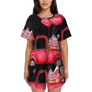 YQxwJL Romantische Truck Hart Ballon Print Vrouwen Pyjama Sets Shorts Korte Mouw Lounge Sets Nachtkleding Casual Pjs Met Zakken, Zwart, S