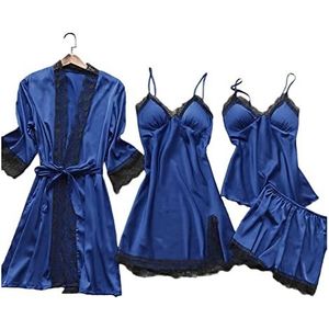Dames Pyjama Sets Satijn Nachtkleding Zijde 4 Stuks Nachtkleding Pyjama Band Kant Slaap Lounge Pyjama Met Borst Pads (Color : Blue2, Size : XXL)