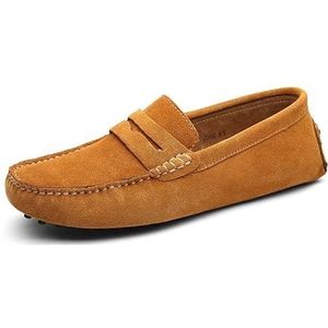 Heren loafers schoen vierkante neus nubuck leer penny rijschoenen lichtgewicht flexibele comfortabele wandelmode instapper(Color:Light brown,Size:40 EU)
