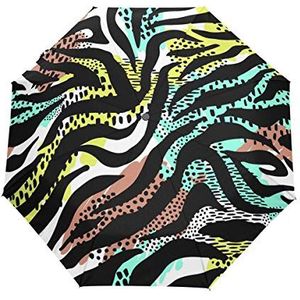 Kleurrijke Zebra Print Automatische Opvouwbare Paraplu UV-bescherming Auto Open Sluiten Vouwen Winddicht Zonblokkering voor Reizen Strand Vrouwen Kinderen